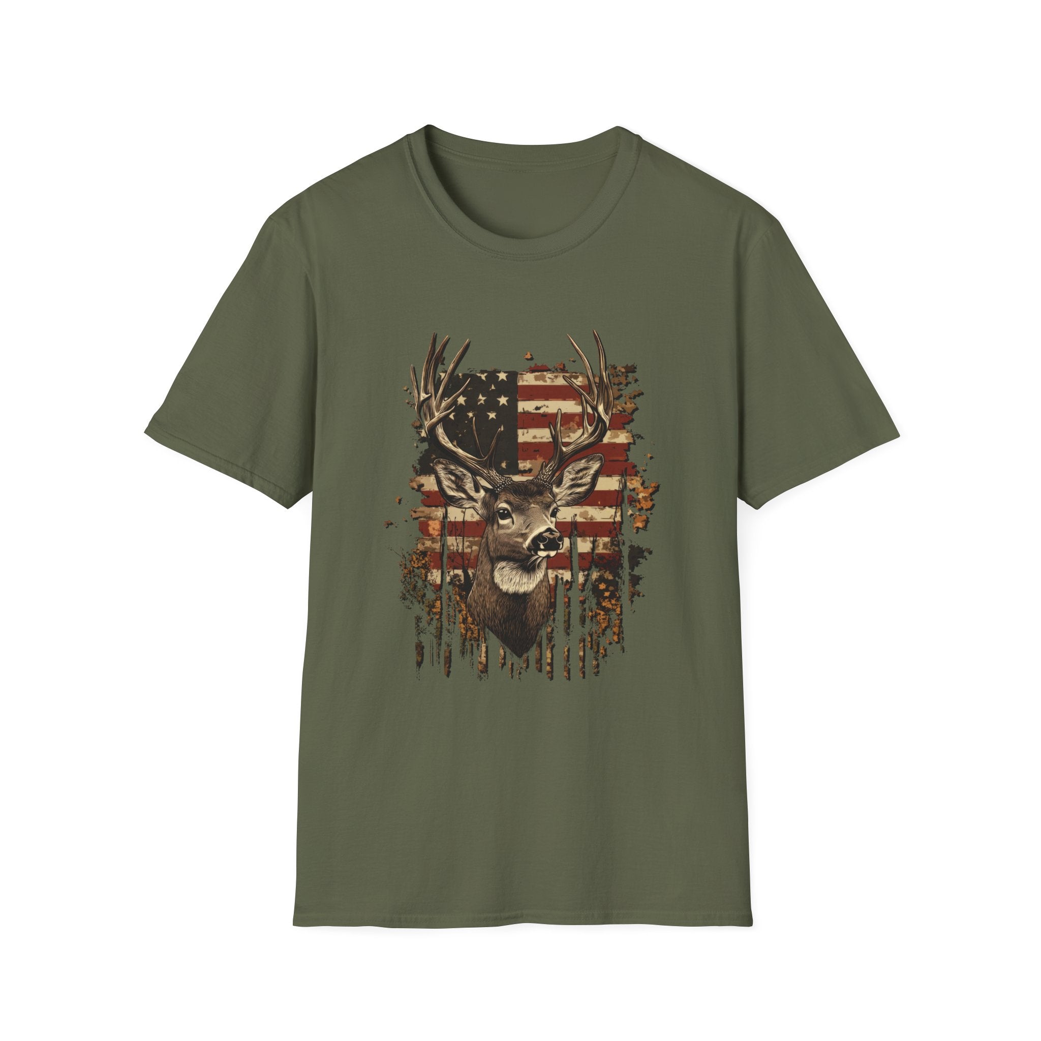 Deer Head American Flag T-Shirt — Patriotic Hunting Graphic Tee