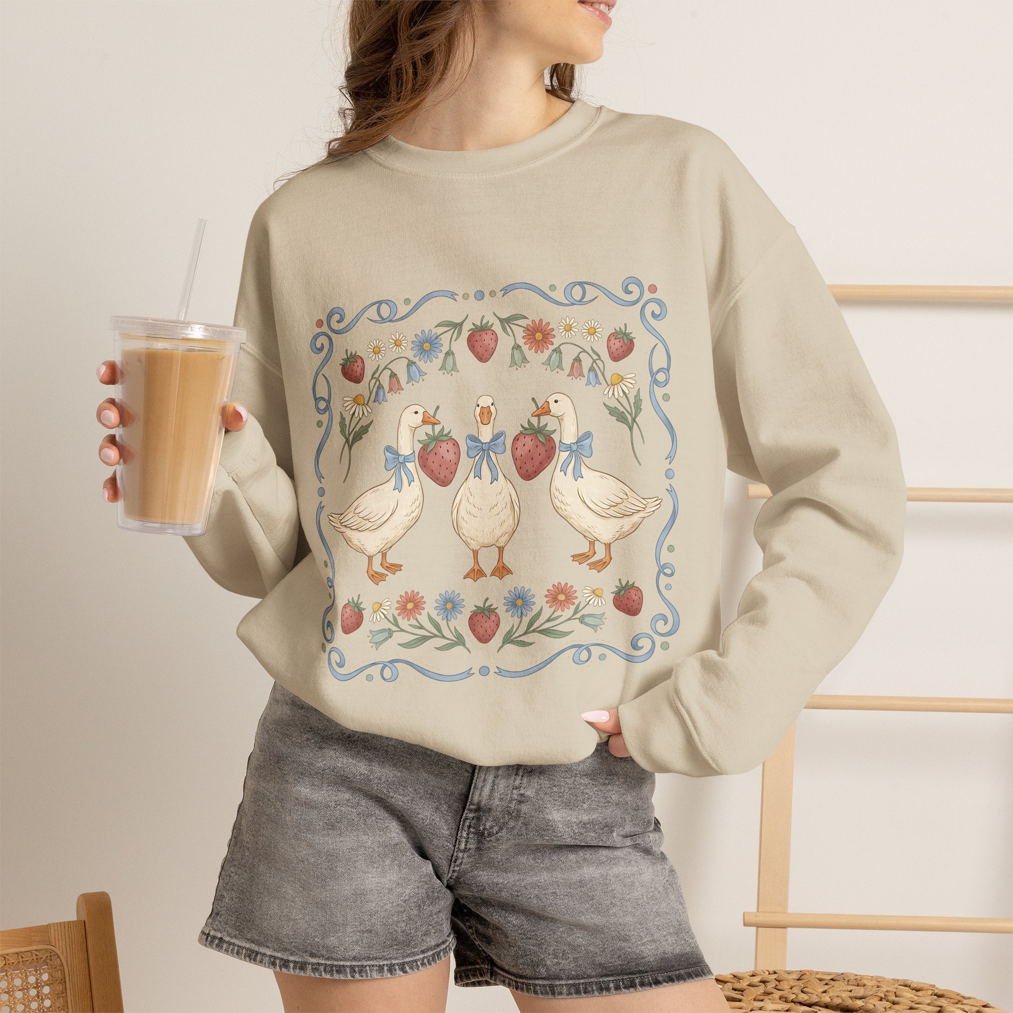 Duck Floral Crewneck Sweatshirt — Vintage Garden Ducks Design