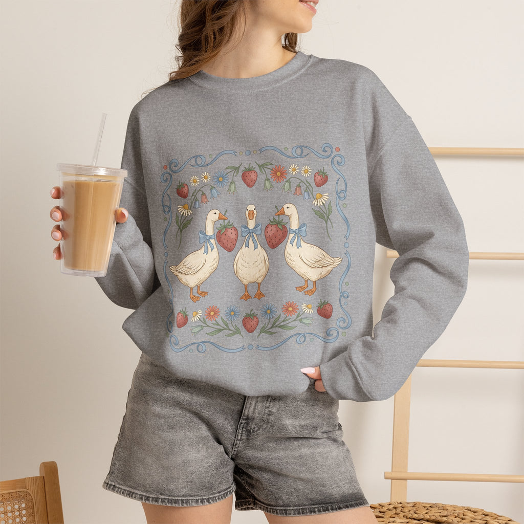 Duck Floral Crewneck Sweatshirt — Vintage Garden Ducks Design