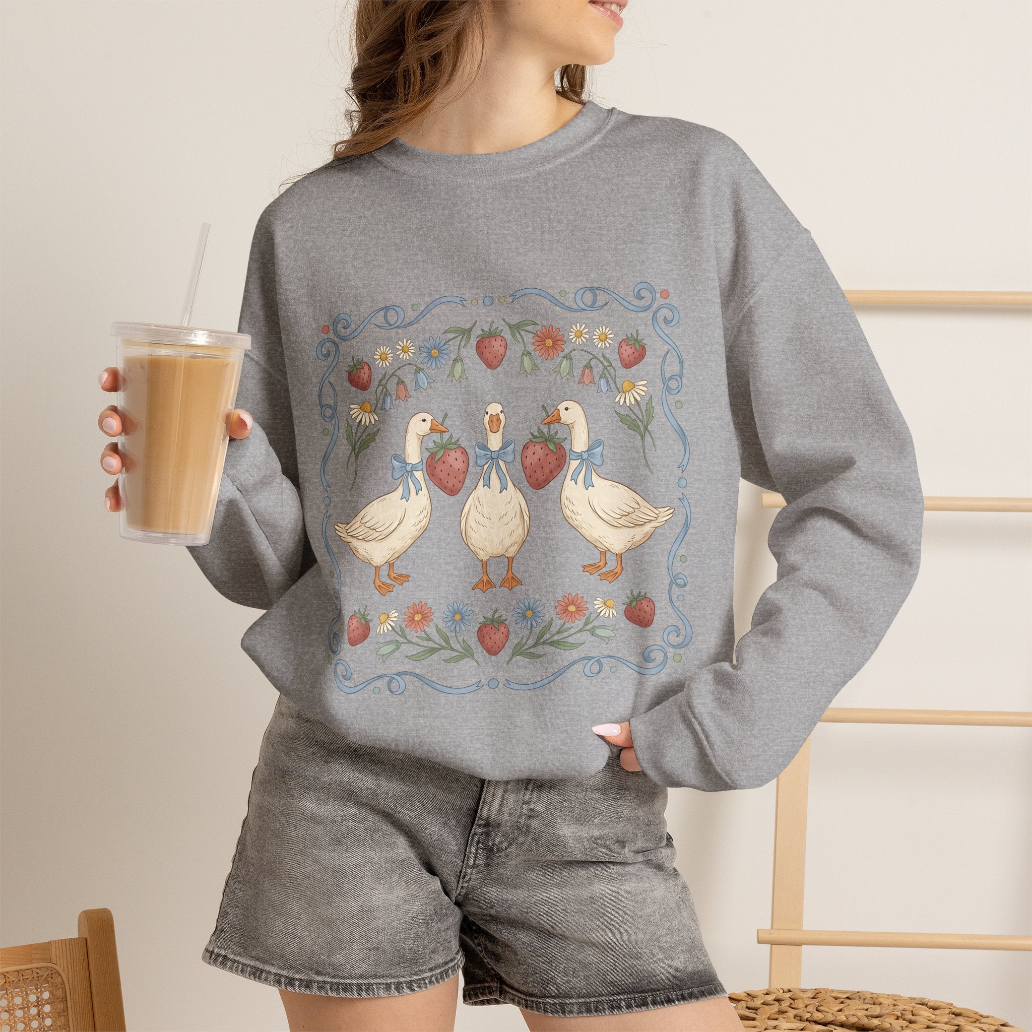 Duck Floral Crewneck Sweatshirt — Vintage Garden Ducks Design
