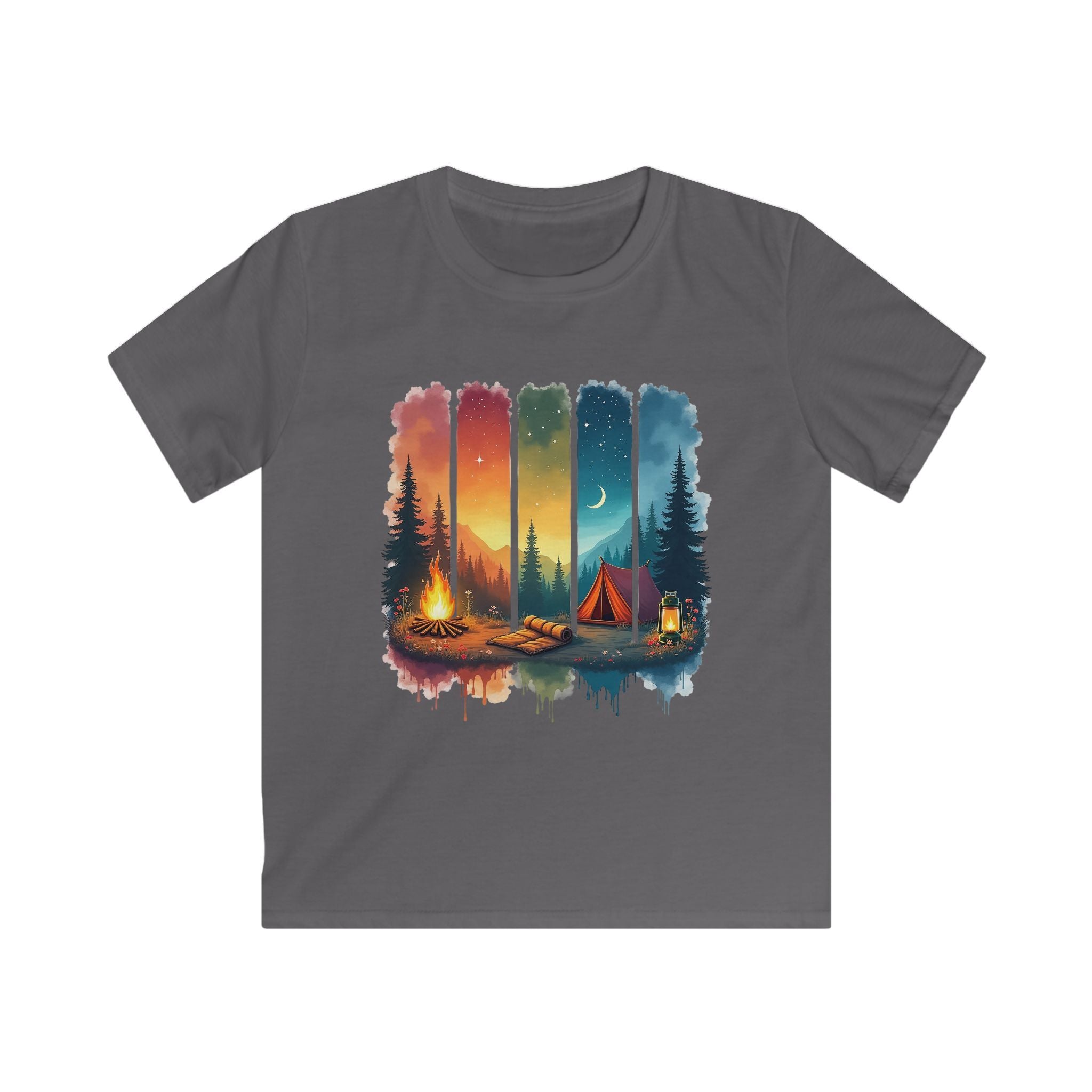 Kids Camping T-Shirt — Colorful Sunset Night Tent & Campfire Design