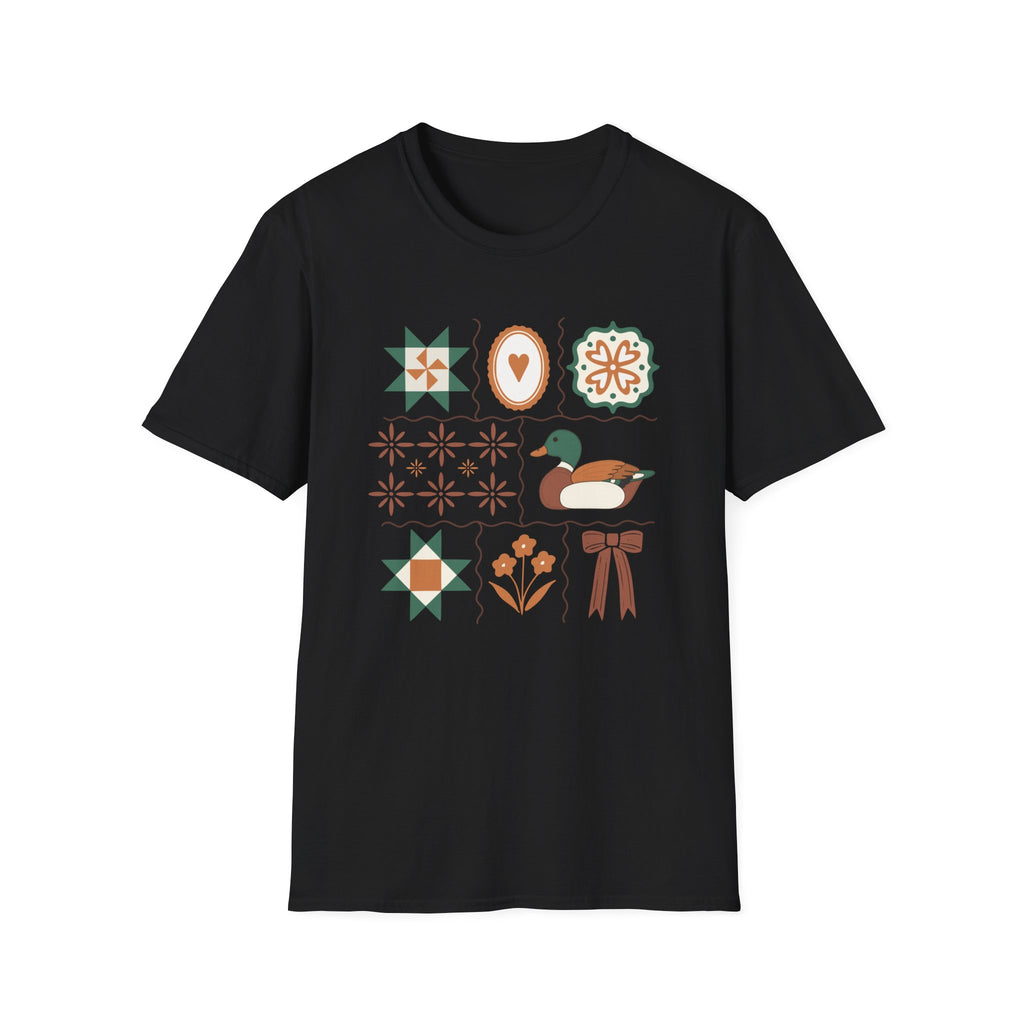 Duck & Quilted Motif T‑Shirt — Retro Folk Art Mallard Design