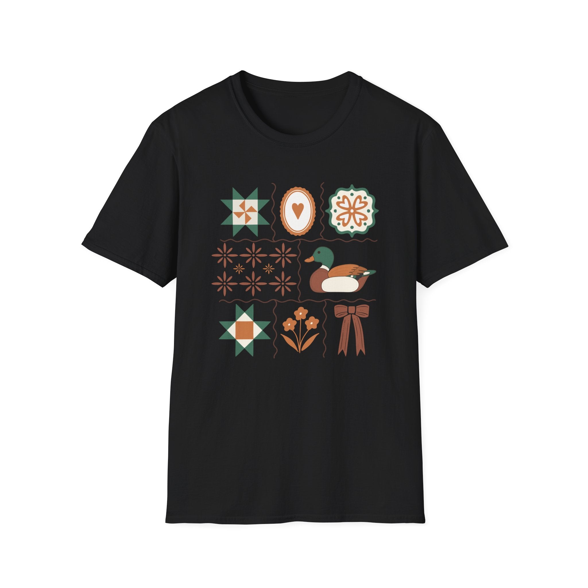 Duck & Quilted Motif T‑Shirt — Retro Folk Art Mallard Design