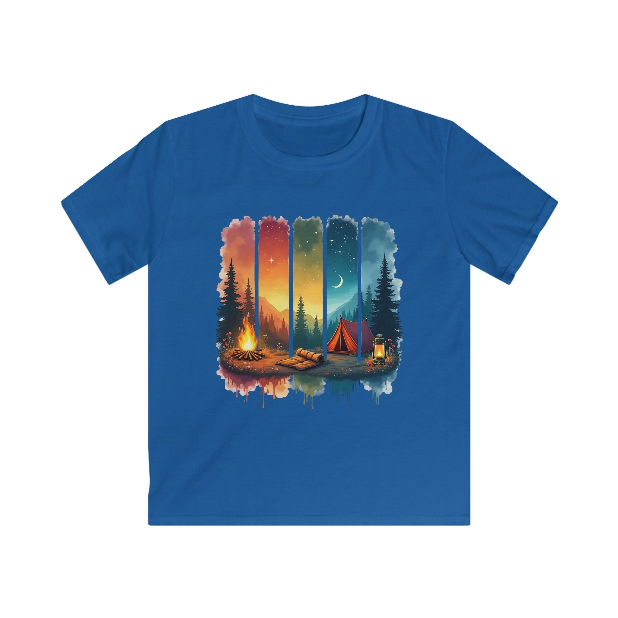 Kids Camping T-Shirt — Colorful Sunset Night Tent & Campfire Design