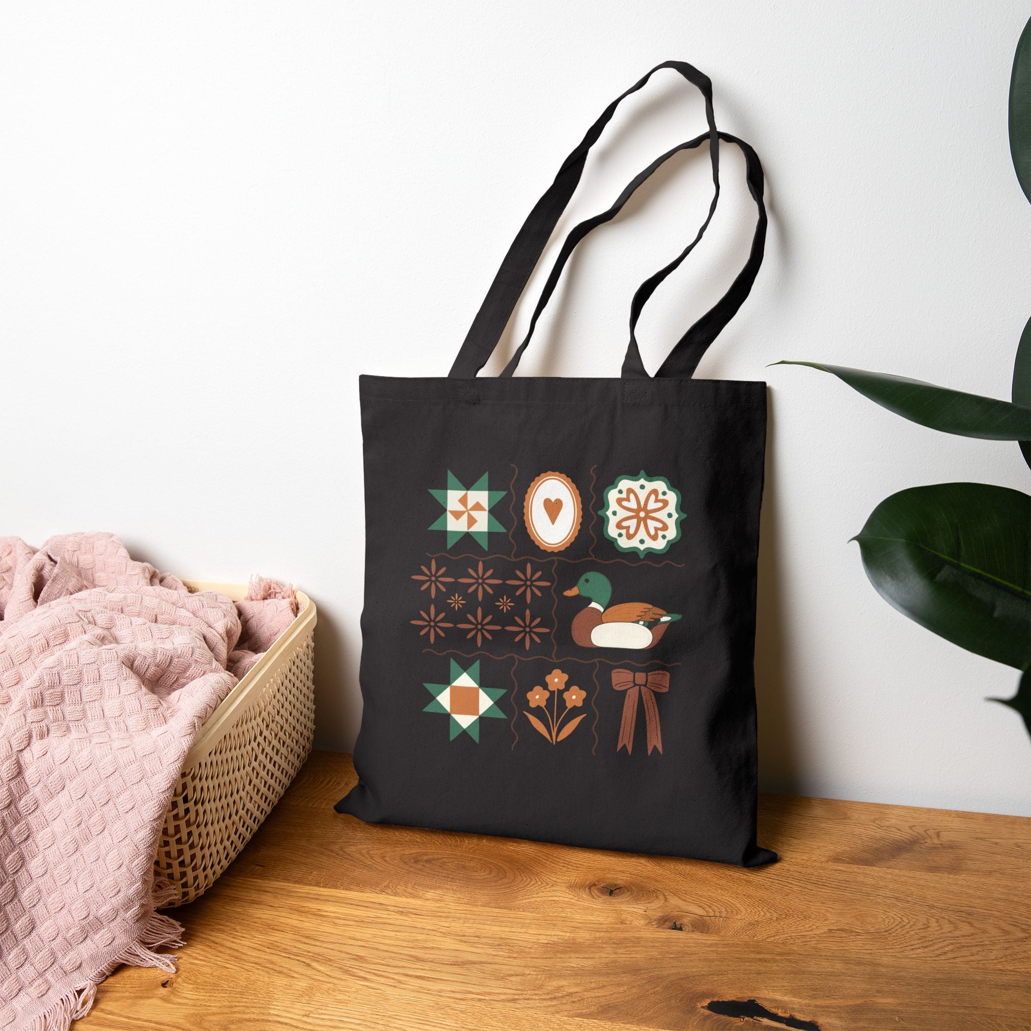 Quilted Folk Art Tote Bag — Vintage Floral & Duck Canvas Tote