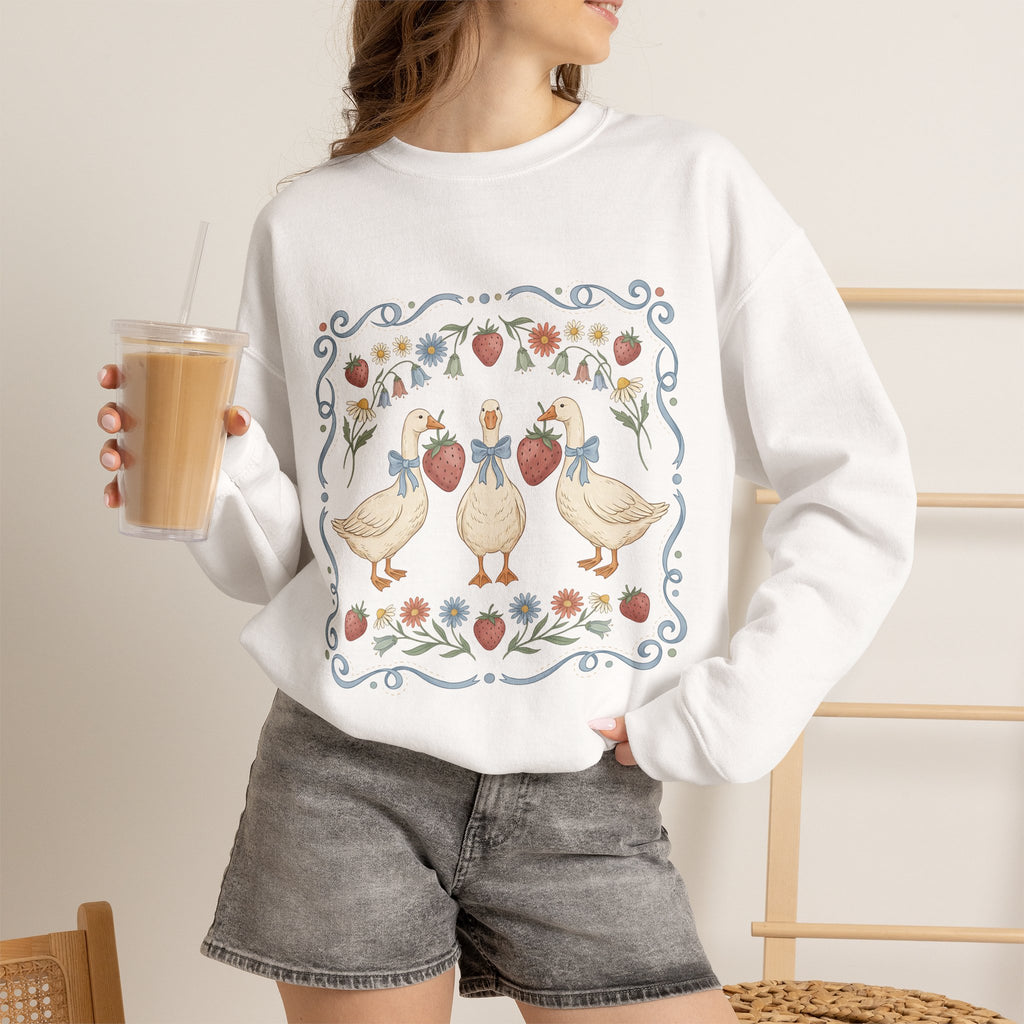 Duck Floral Crewneck Sweatshirt — Vintage Garden Ducks Design