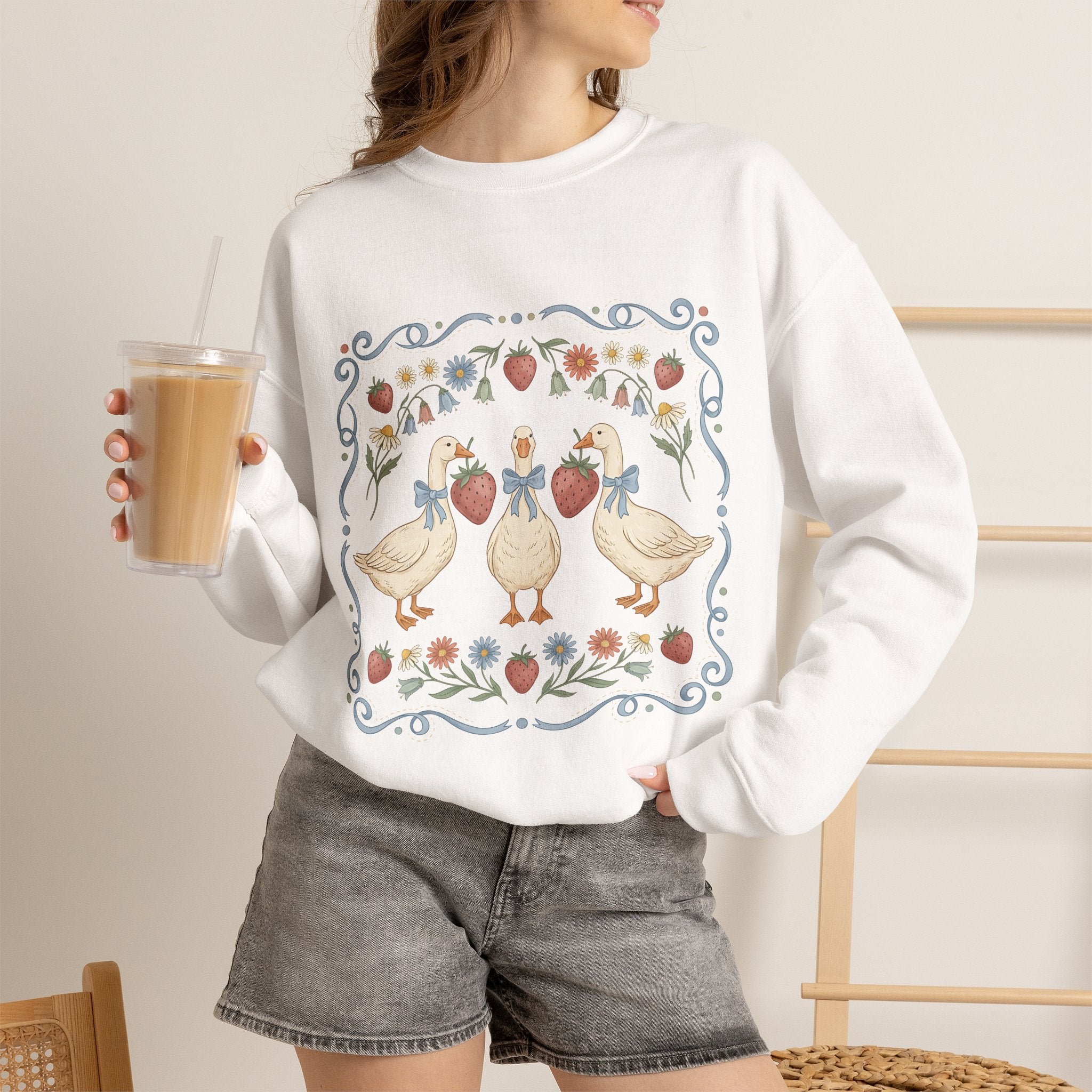 Duck Floral Crewneck Sweatshirt — Vintage Garden Ducks Design