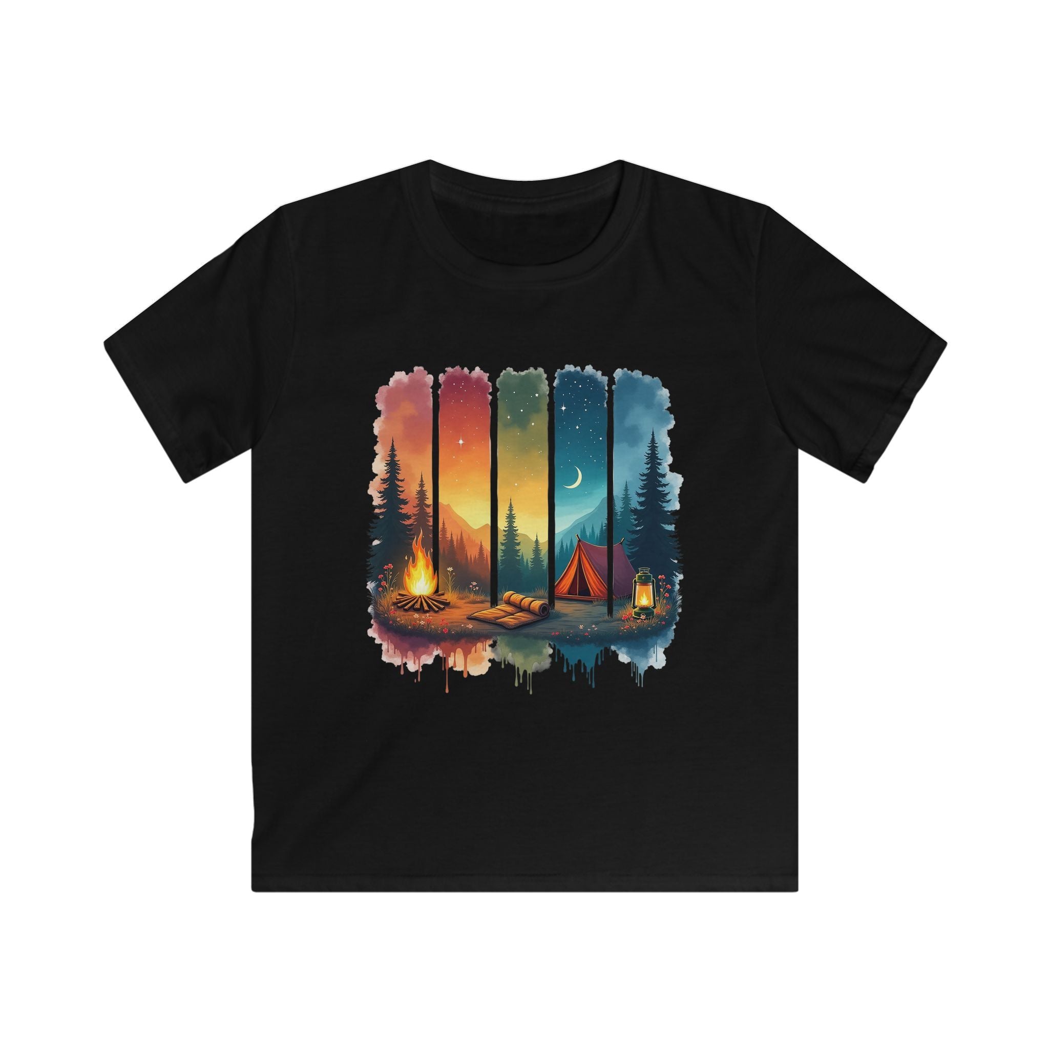 Kids Camping T-Shirt — Colorful Sunset Night Tent & Campfire Design