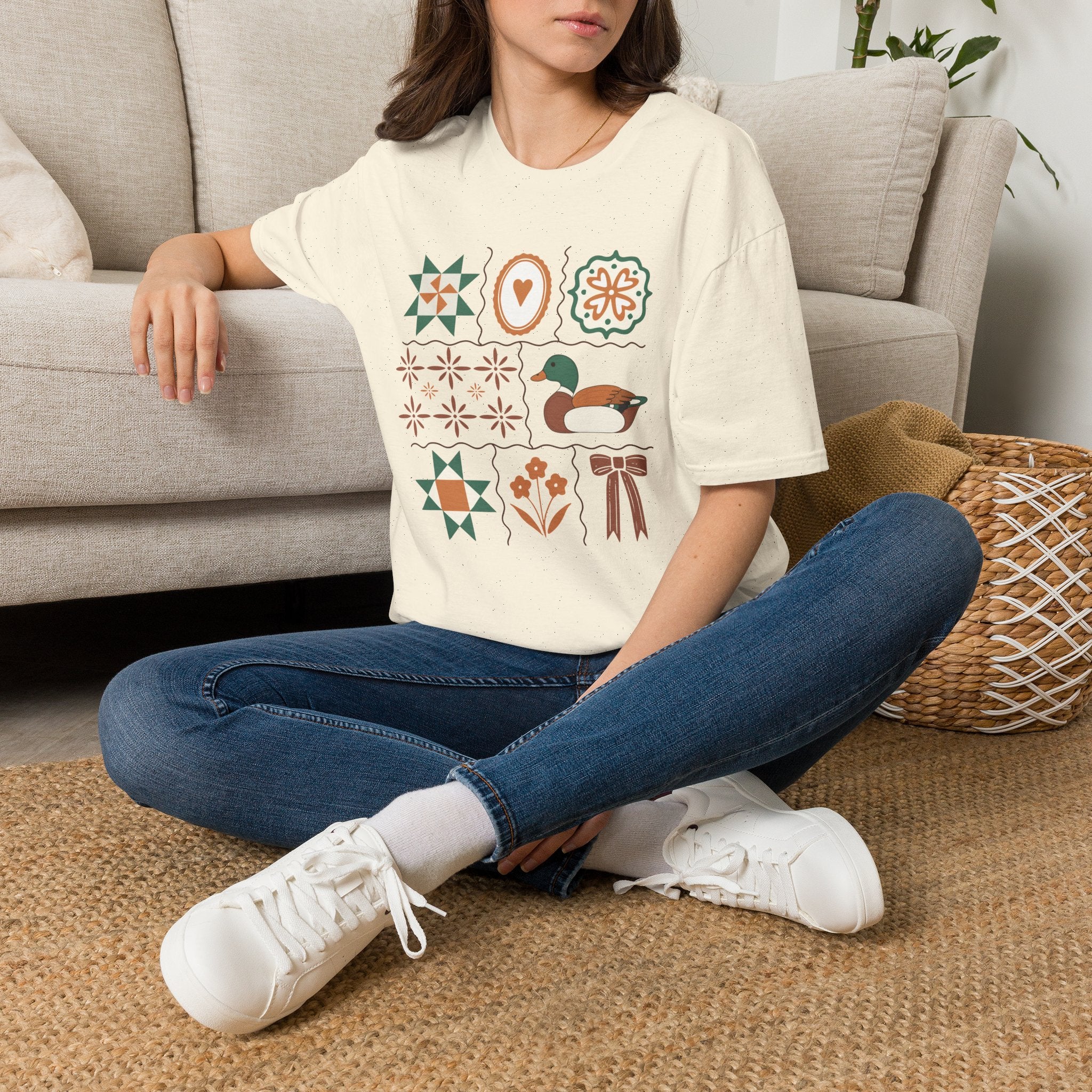 Duck & Quilted Motif T‑Shirt — Retro Folk Art Mallard Design