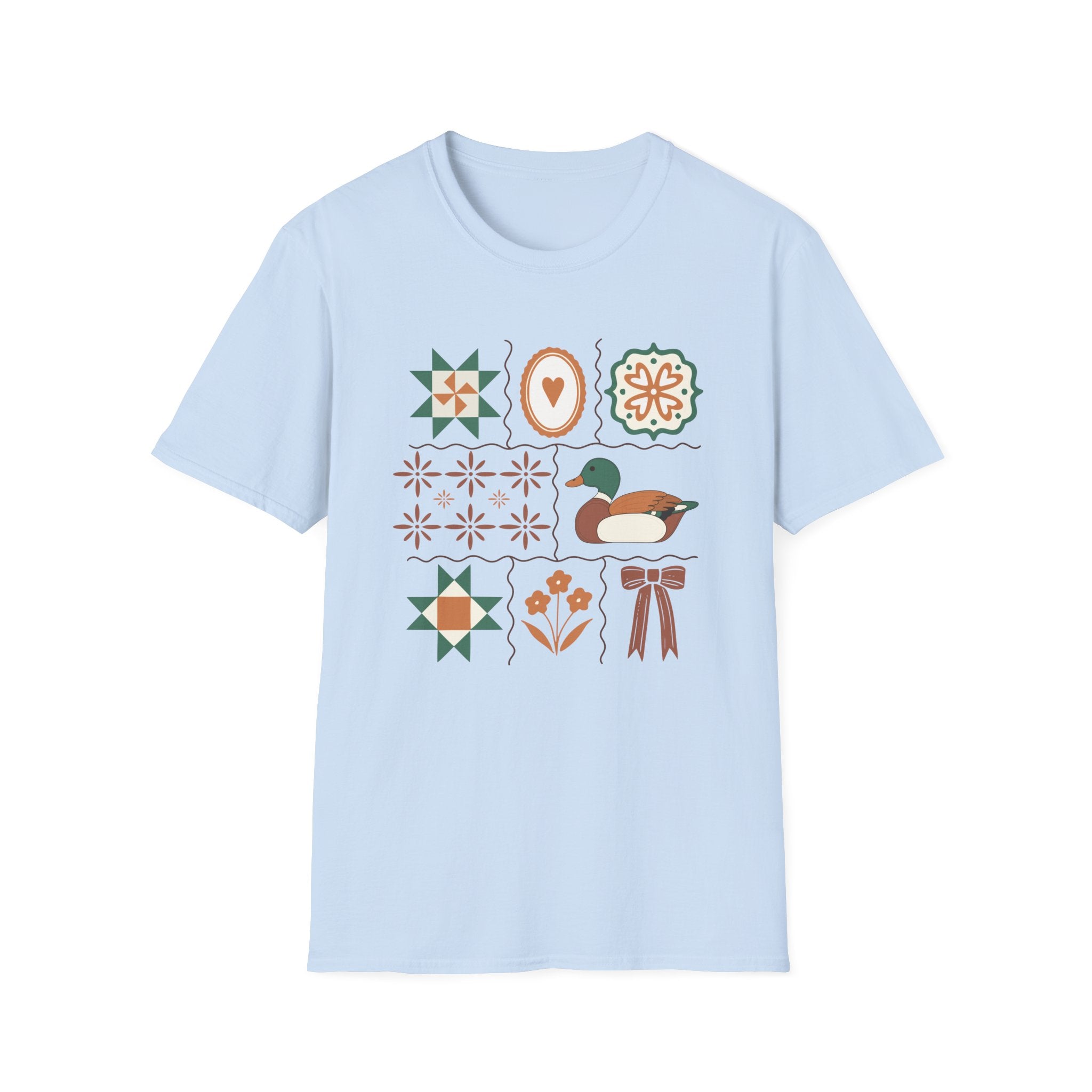 Duck & Quilted Motif T‑Shirt — Retro Folk Art Mallard Design
