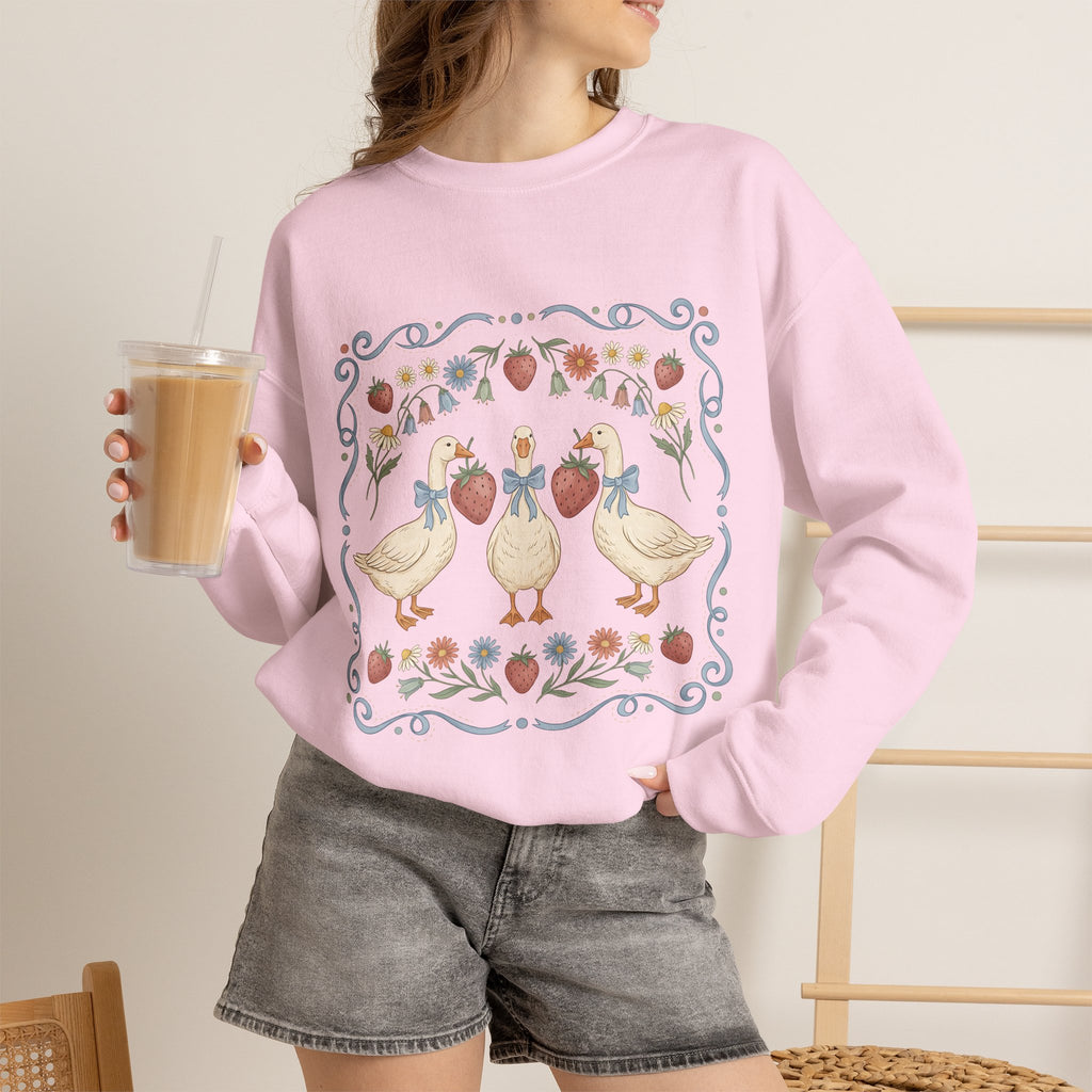 Duck Floral Crewneck Sweatshirt — Vintage Garden Ducks Design