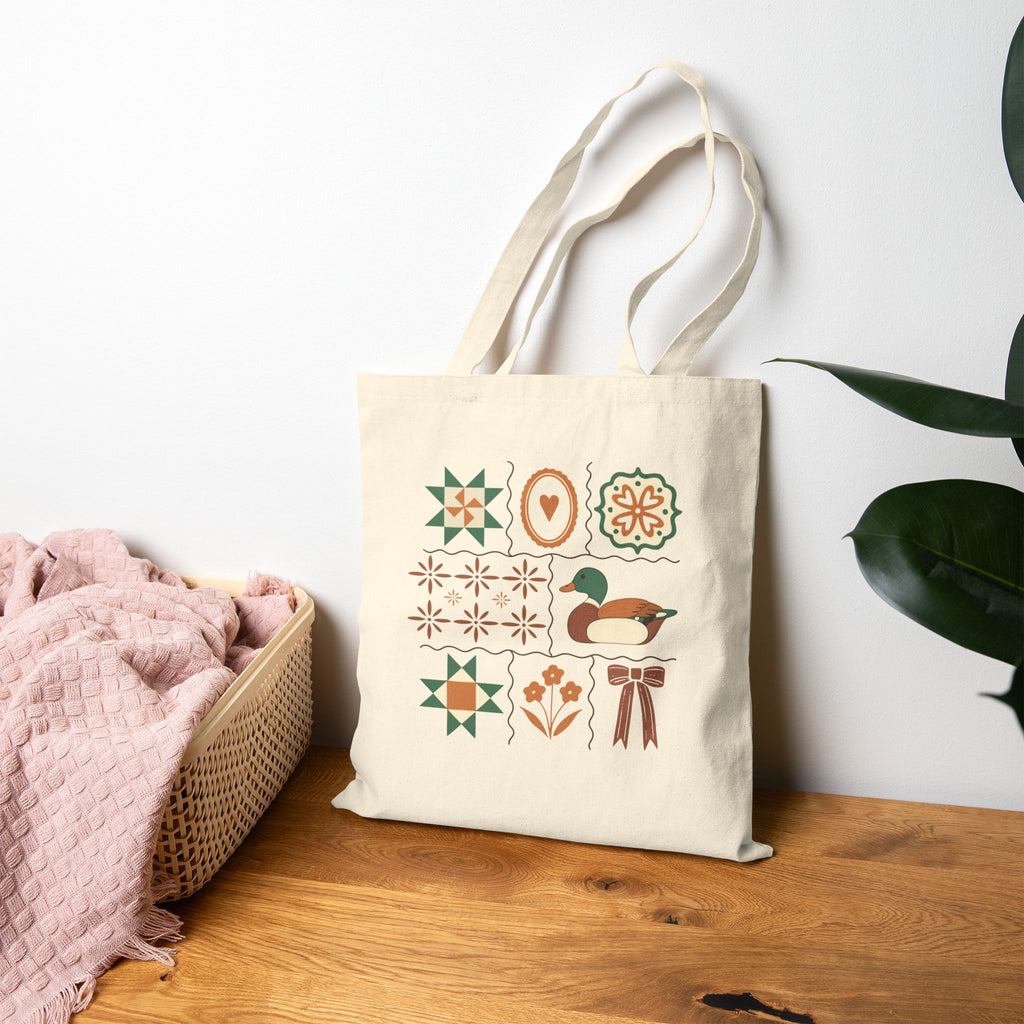 Quilted Folk Art Tote Bag — Vintage Floral & Duck Canvas Tote