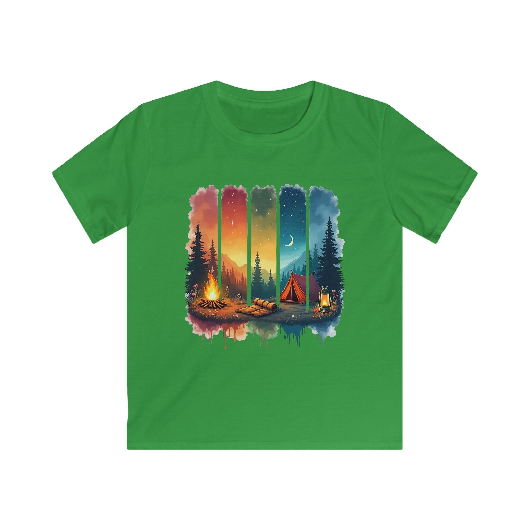 Kids Camping T-Shirt — Colorful Sunset Night Tent & Campfire Design