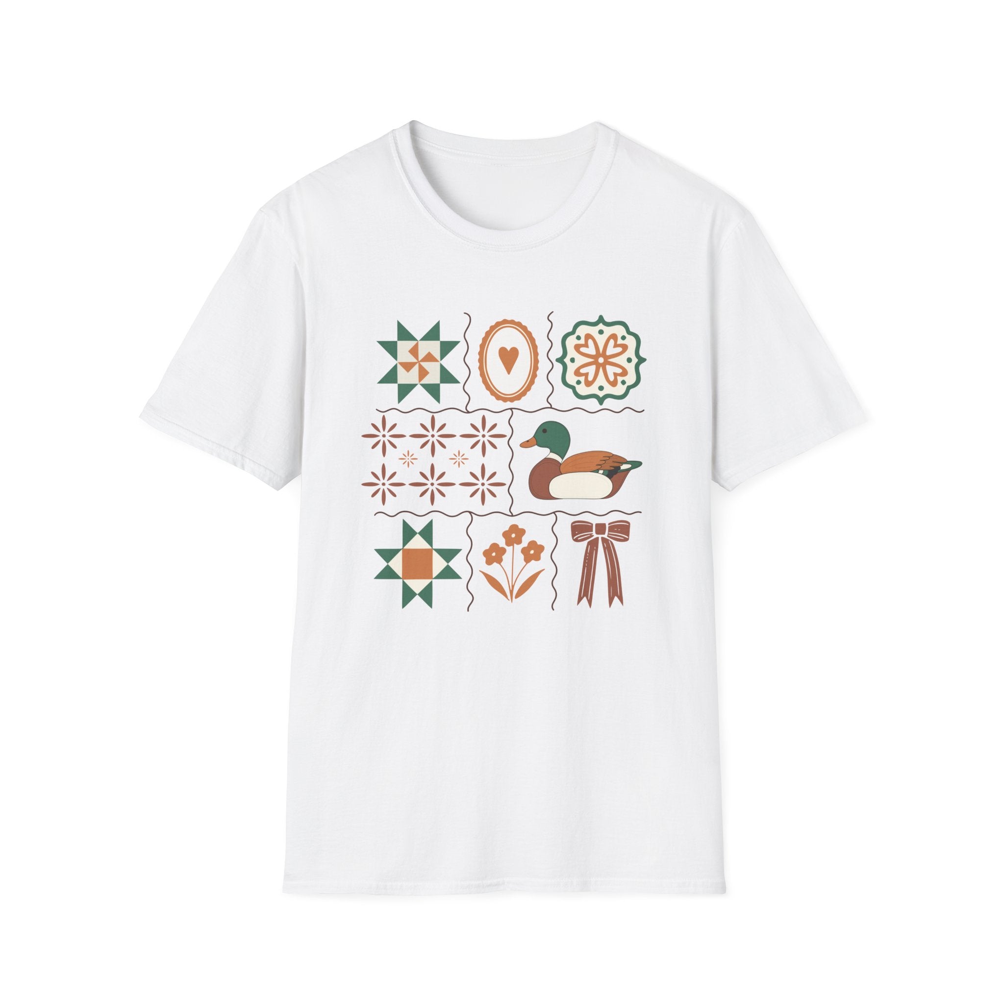 Duck & Quilted Motif T‑Shirt — Retro Folk Art Mallard Design