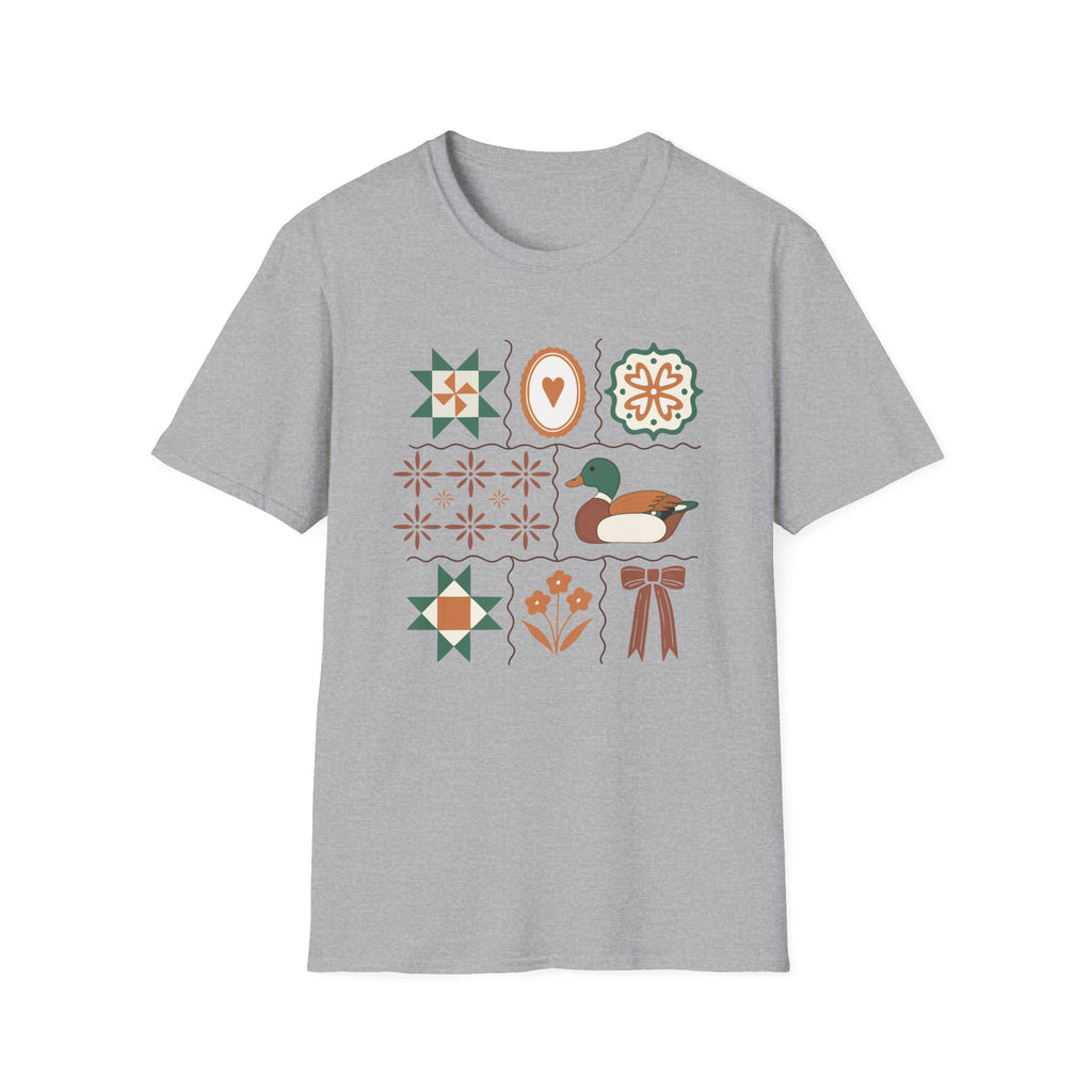 Duck & Quilted Motif T‑Shirt — Retro Folk Art Mallard Design