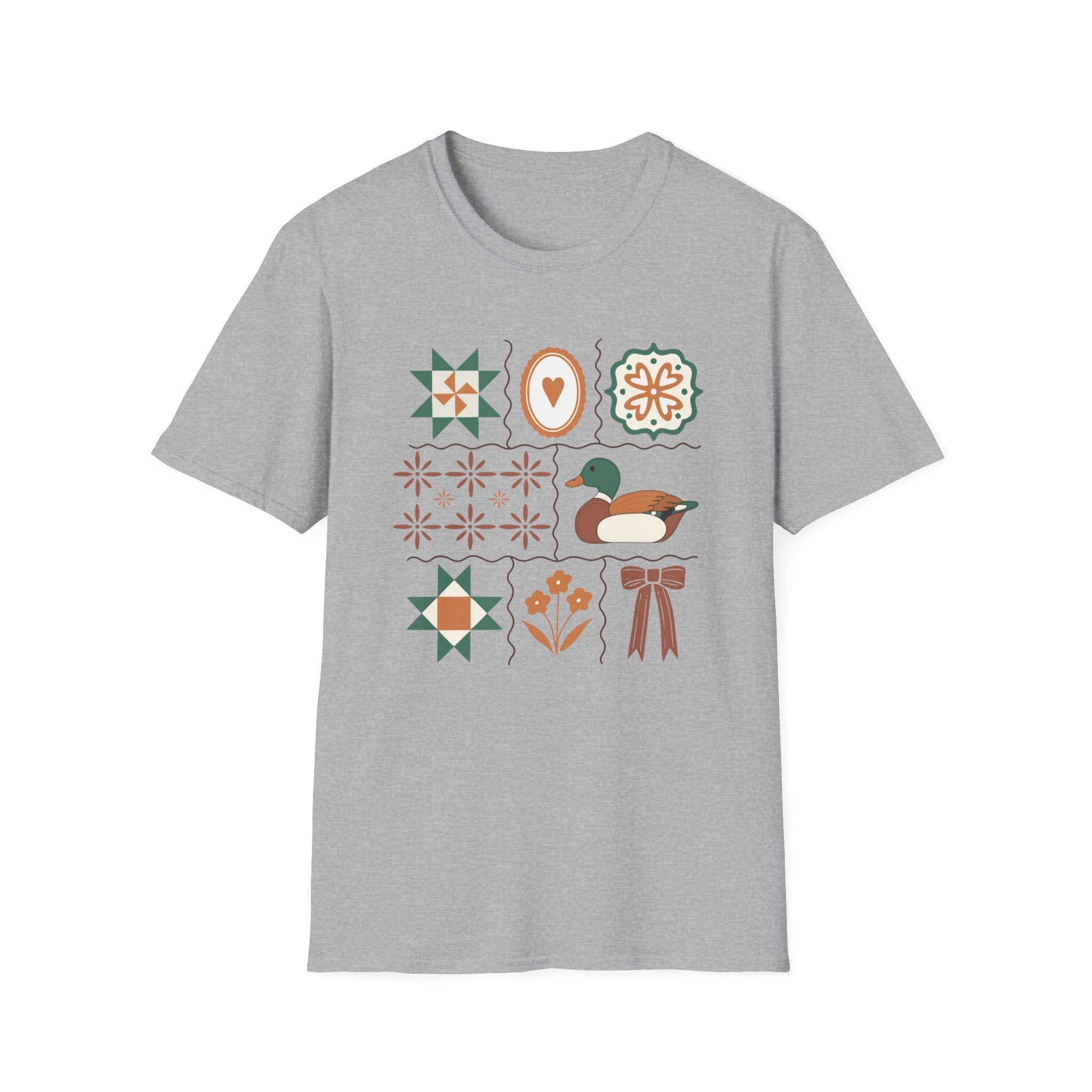 Duck & Quilted Motif T‑Shirt — Retro Folk Art Mallard Design