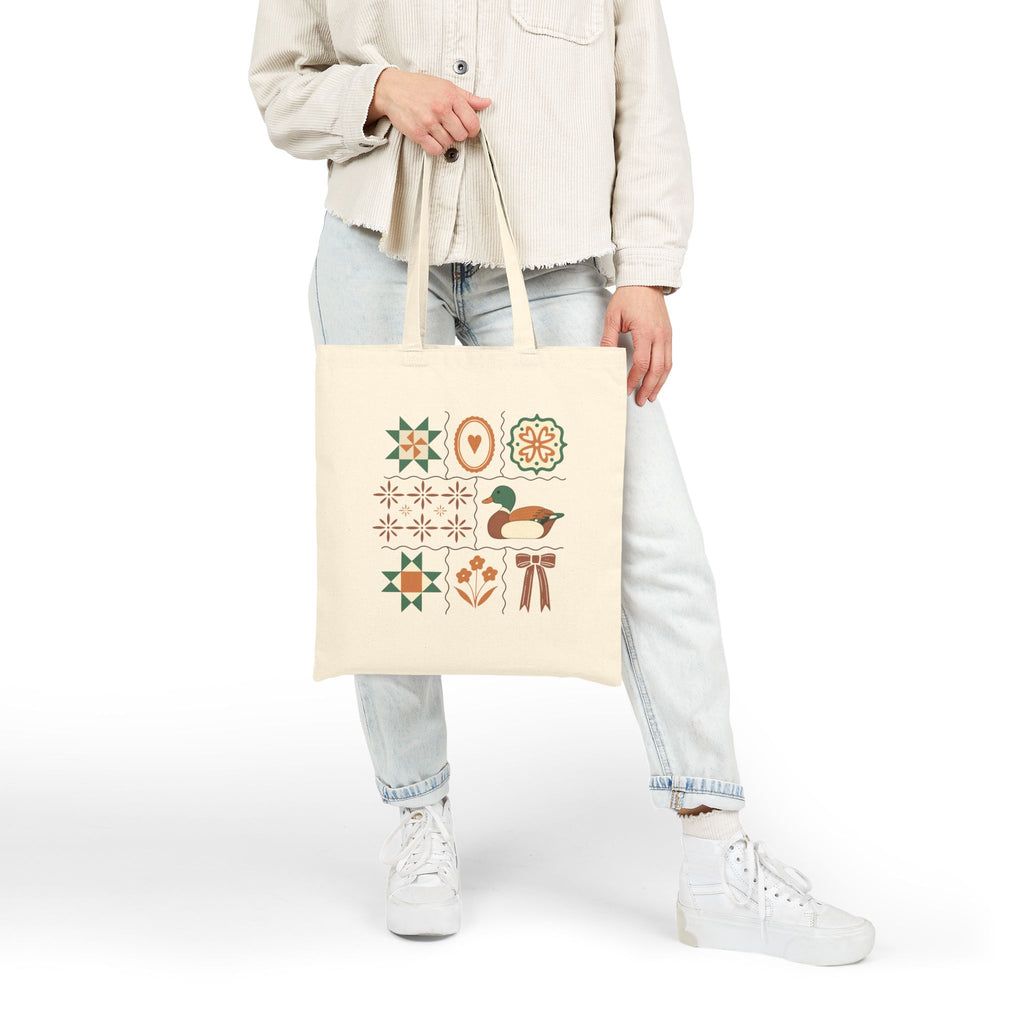 Quilted Folk Art Tote Bag — Vintage Floral & Duck Canvas Tote
