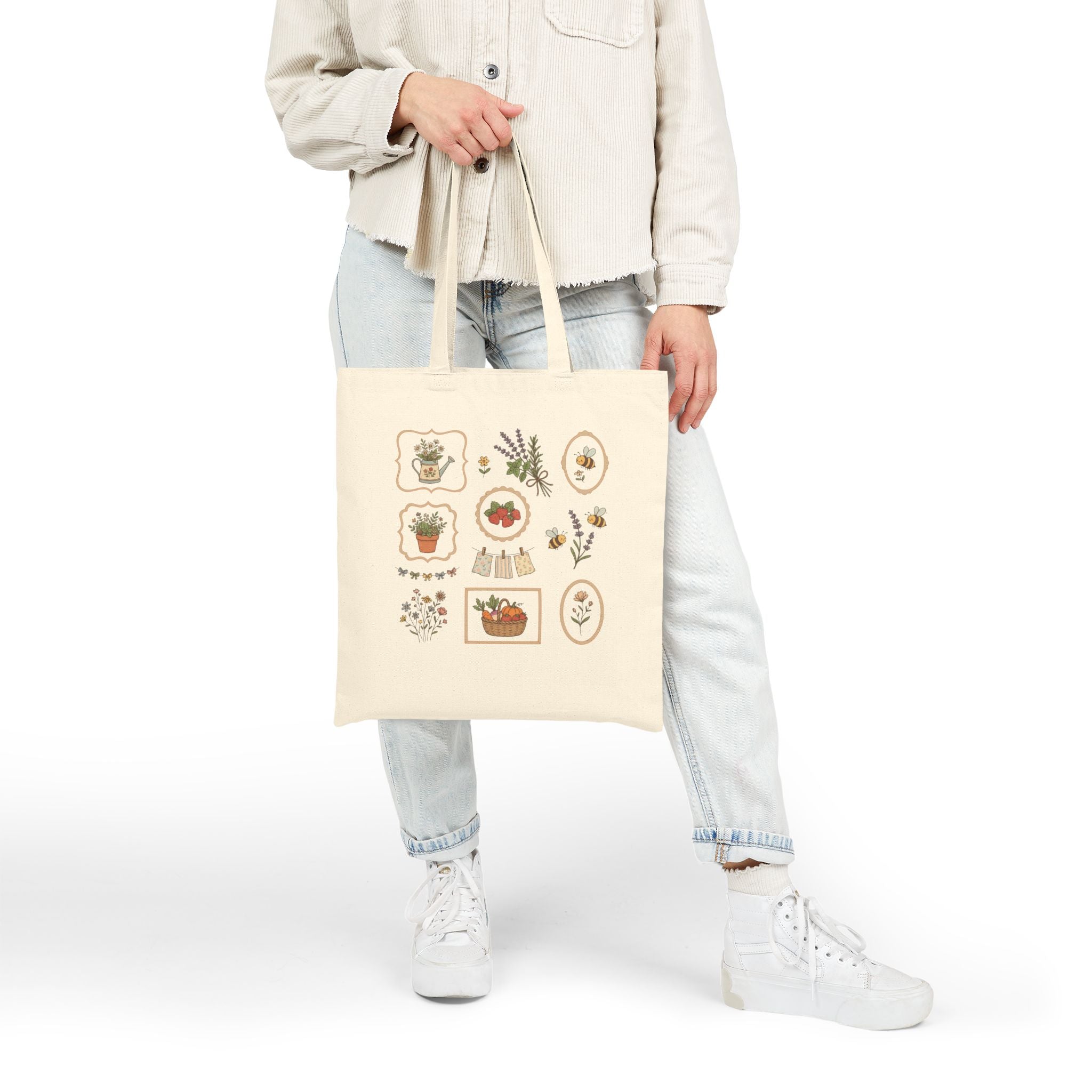 Botanical Market Tote — Canvas Tote Bag with Vintage Herb & Garden Icons