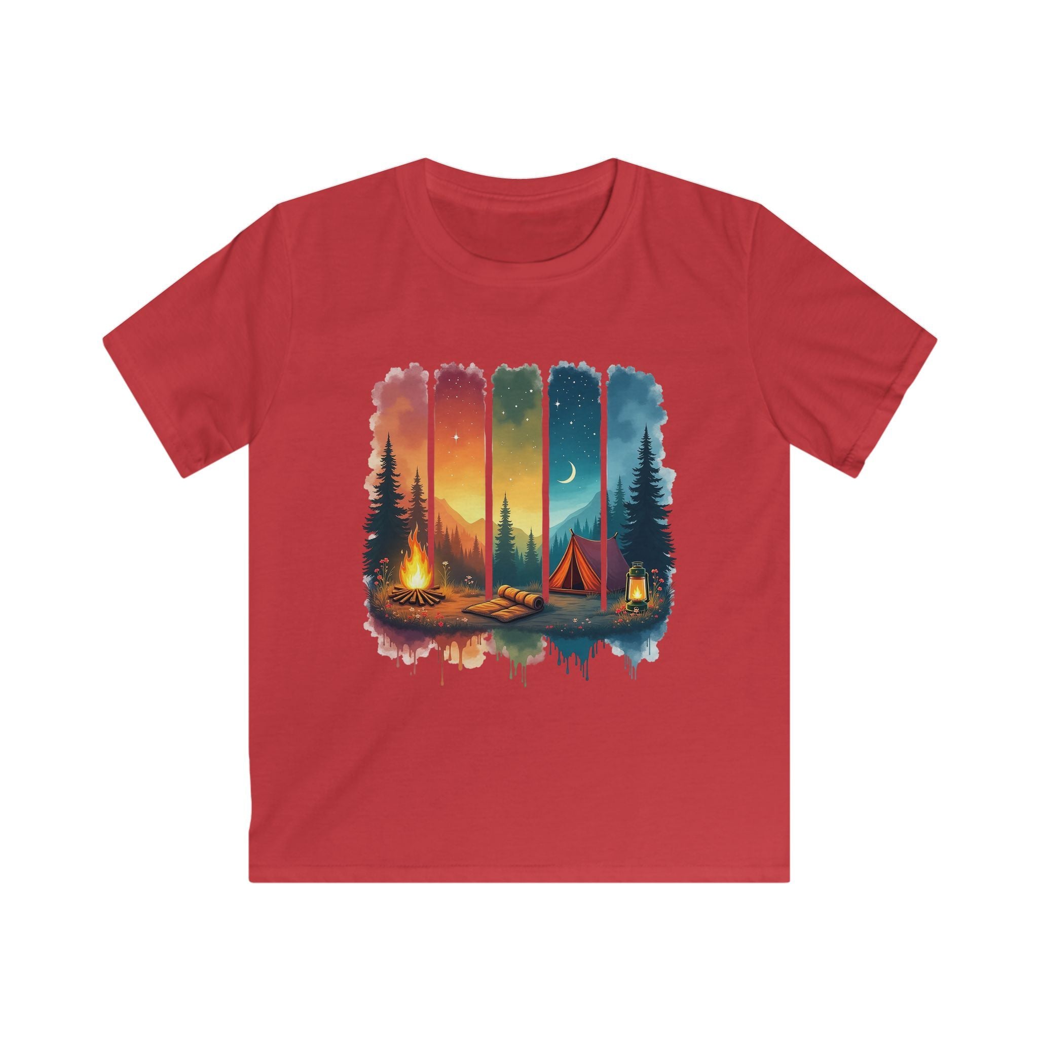 Kids Camping T-Shirt — Colorful Sunset Night Tent & Campfire Design