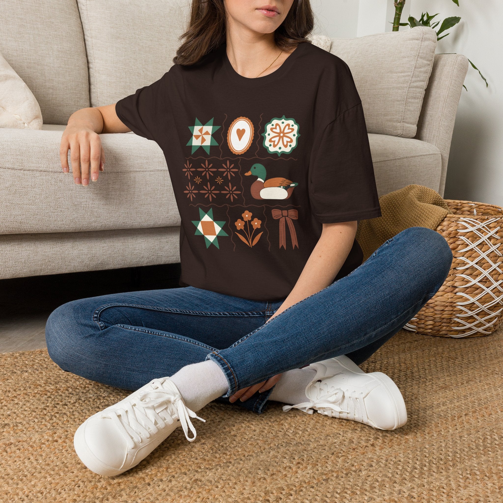 Duck & Quilted Motif T‑Shirt — Retro Folk Art Mallard Design