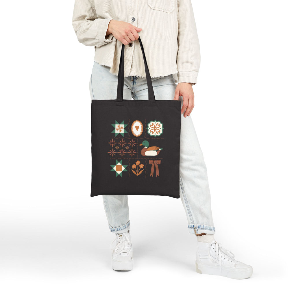 Quilted Folk Art Tote Bag — Vintage Floral & Duck Canvas Tote