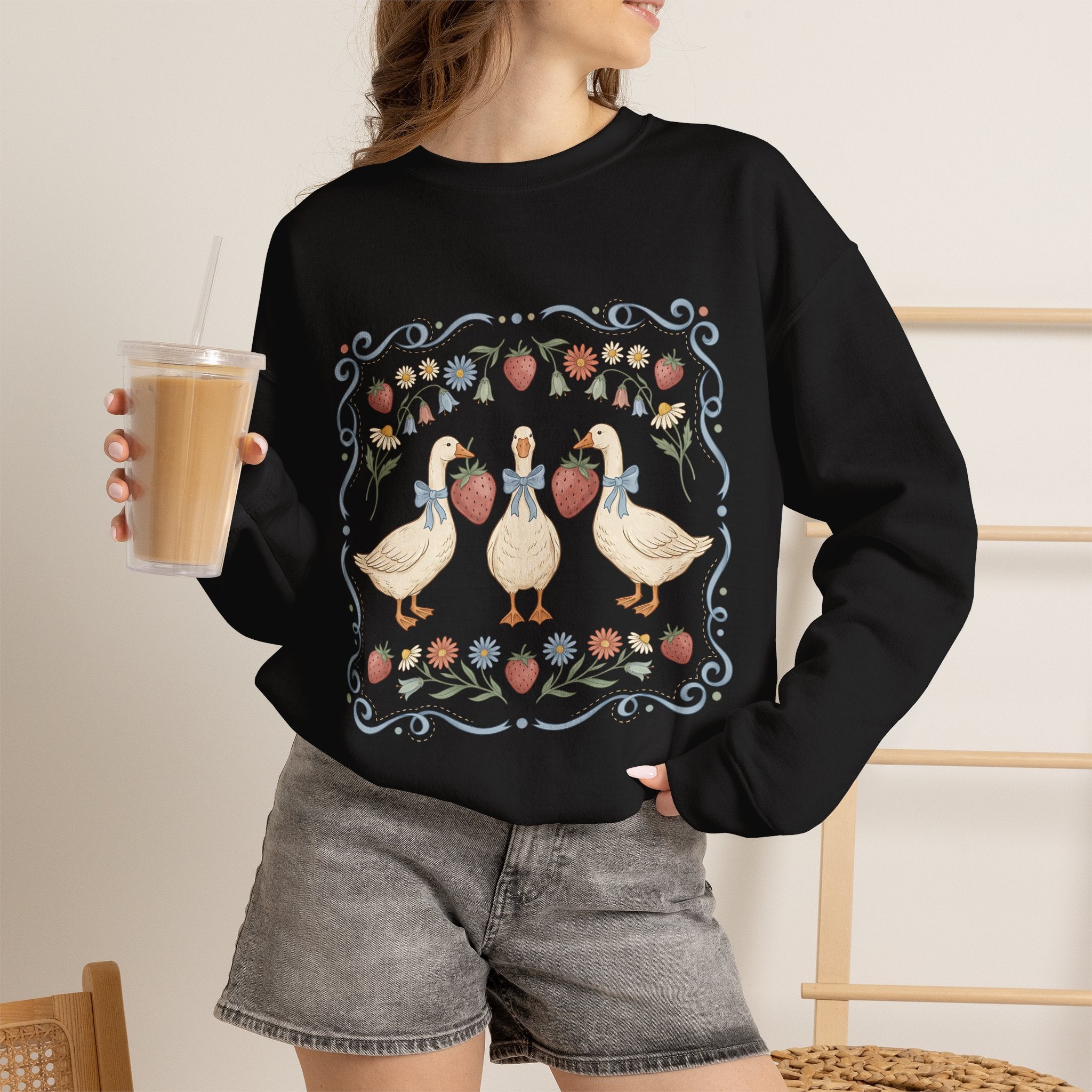 Duck Floral Crewneck Sweatshirt — Vintage Garden Ducks Design