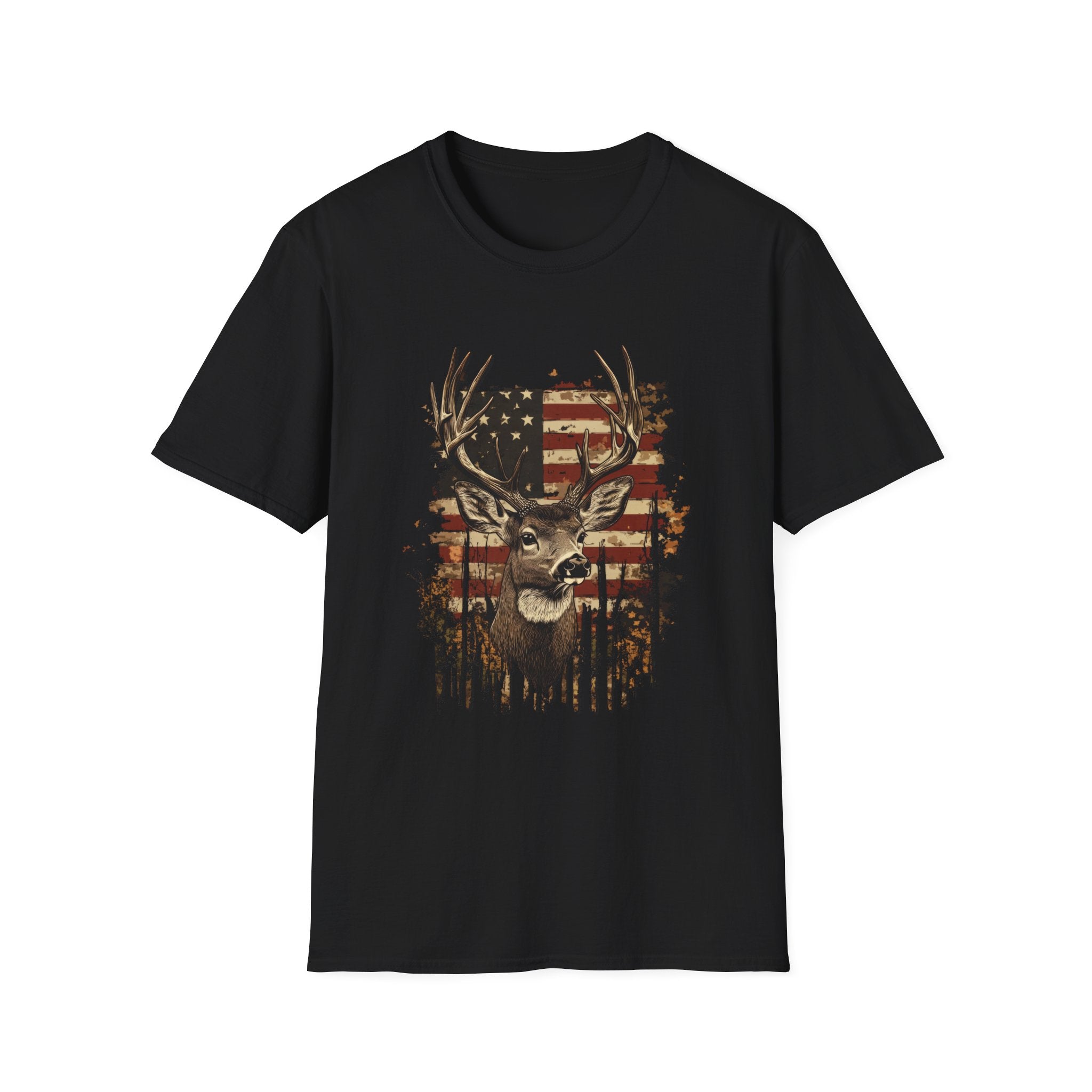 Deer Head American Flag T-Shirt — Patriotic Hunting Graphic Tee