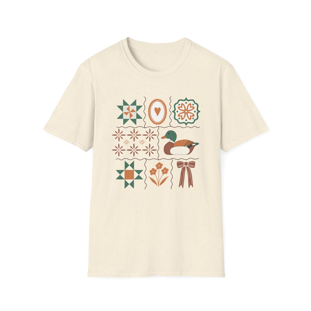 Duck & Quilted Motif T‑Shirt — Retro Folk Art Mallard Design