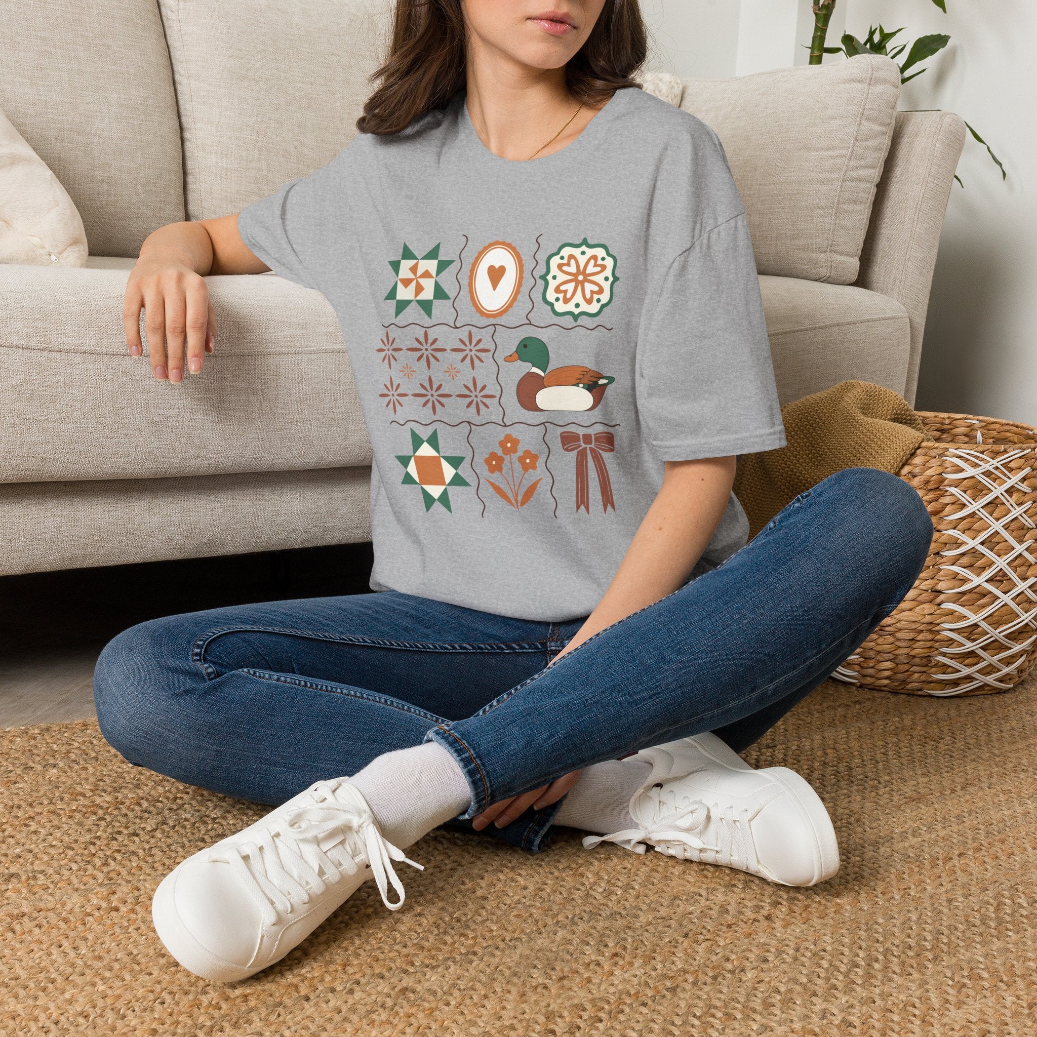 Duck & Quilted Motif T‑Shirt — Retro Folk Art Mallard Design
