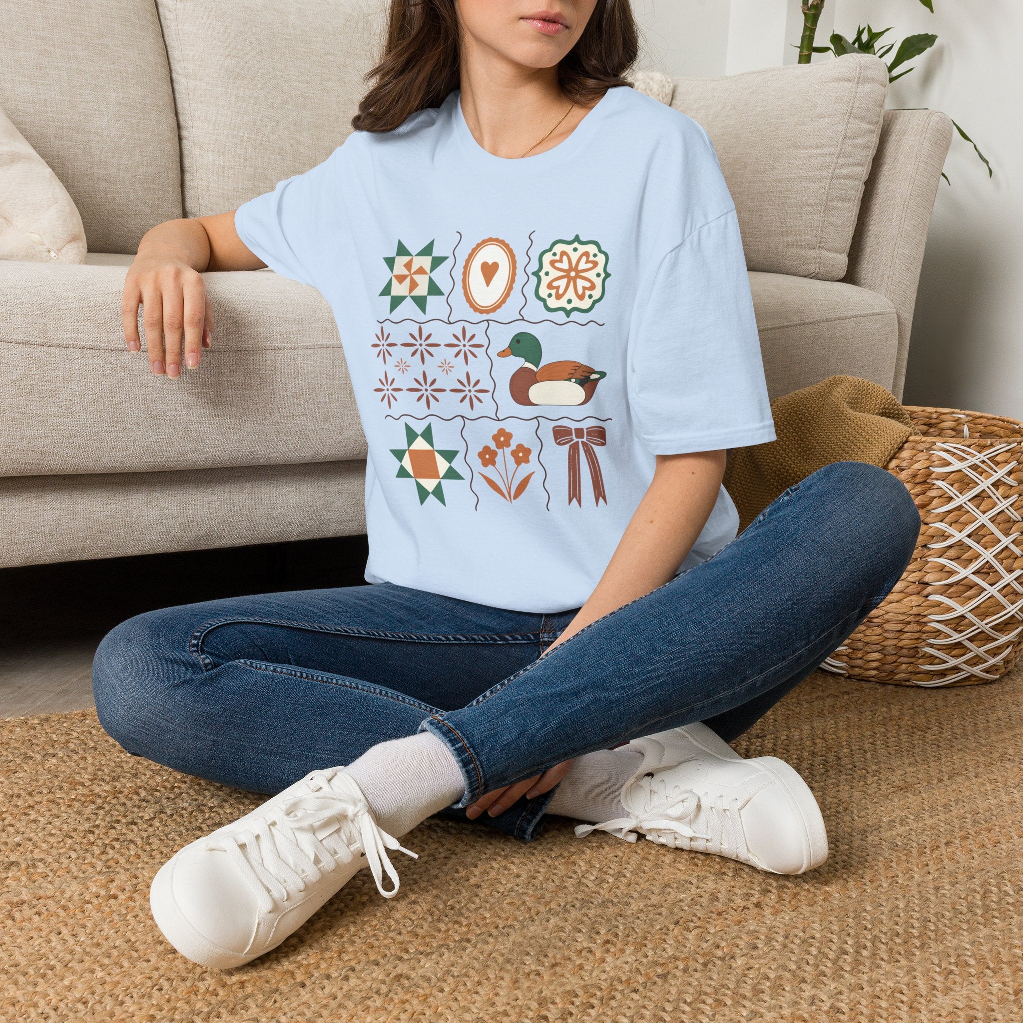 Duck & Quilted Motif T‑Shirt — Retro Folk Art Mallard Design
