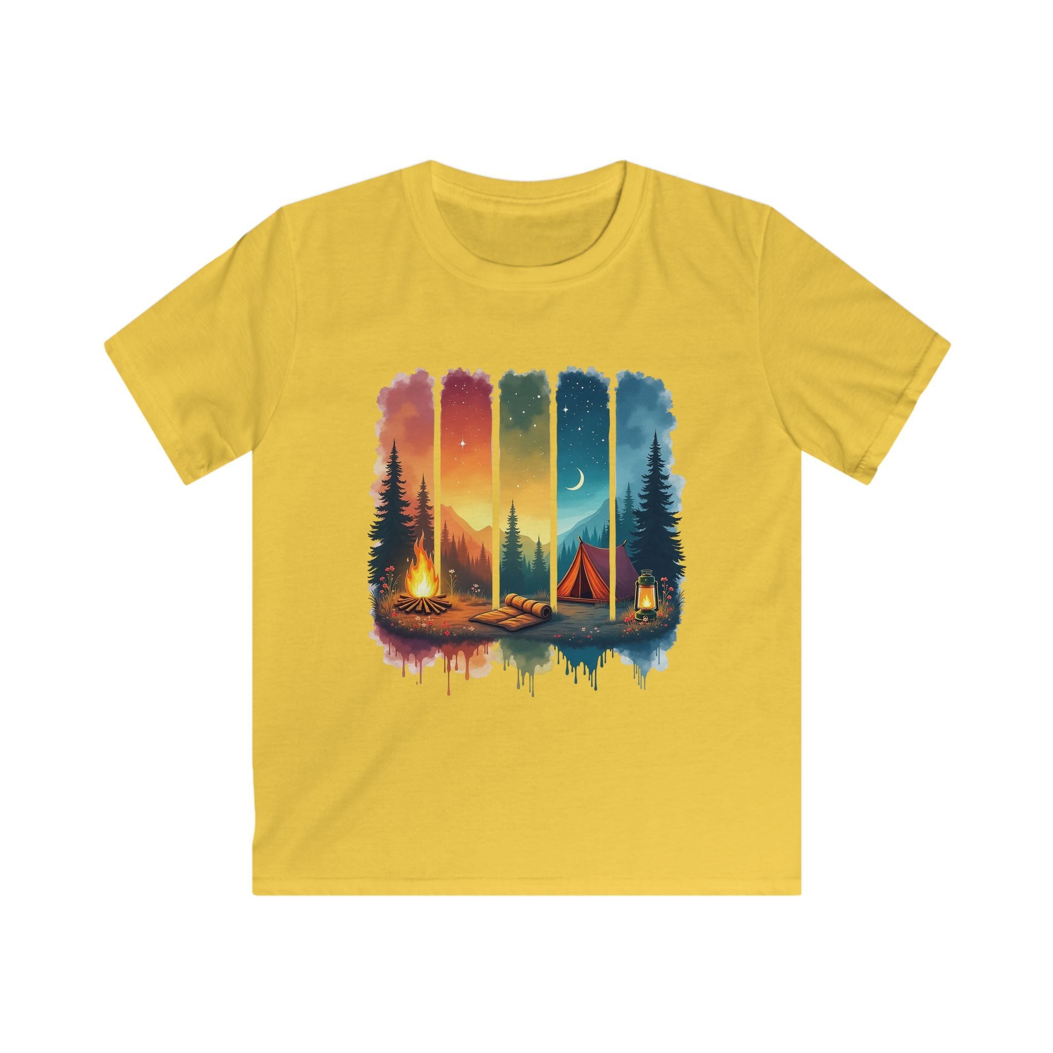 Kids Camping T-Shirt — Colorful Sunset Night Tent & Campfire Design