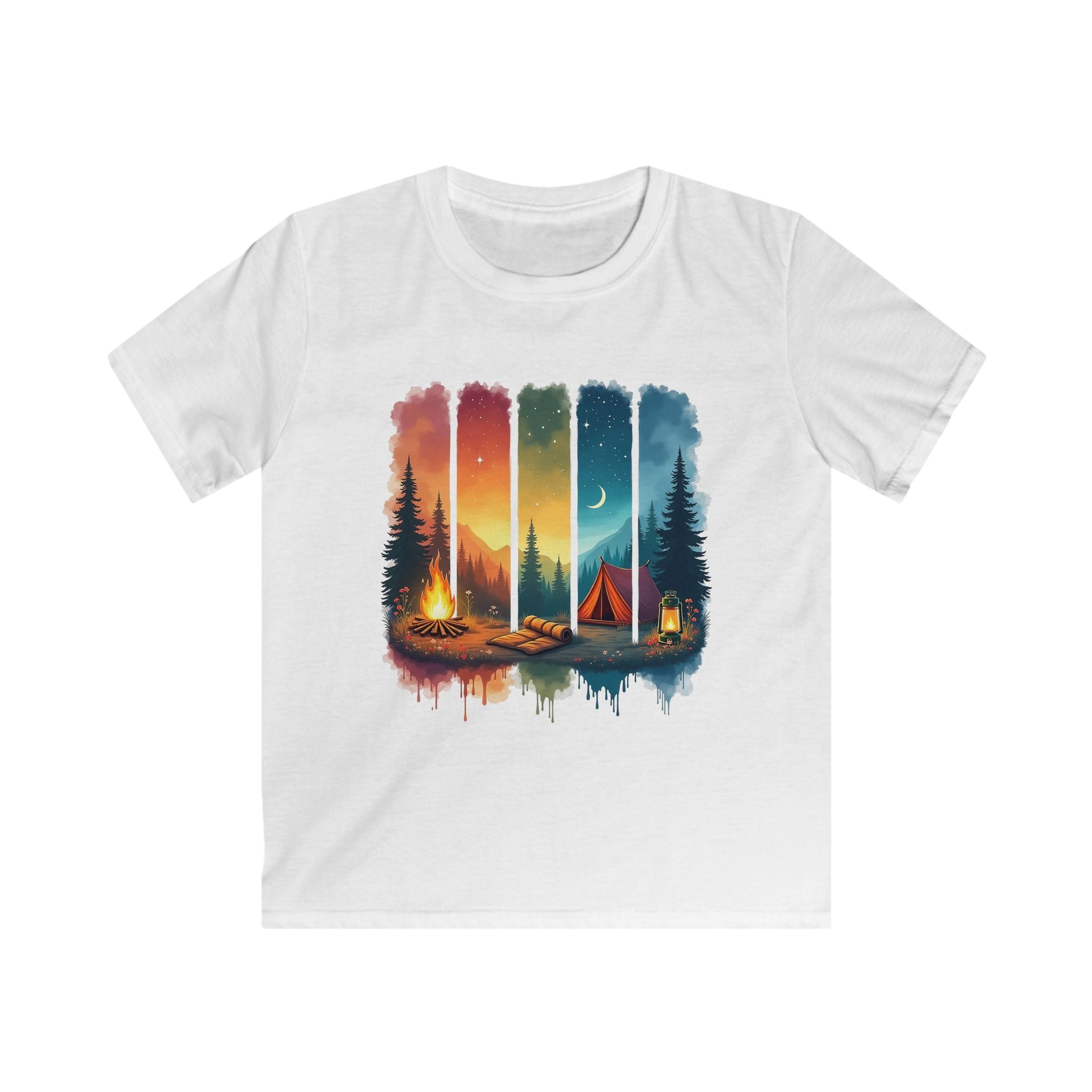 Kids Camping T-Shirt — Colorful Sunset Night Tent & Campfire Design