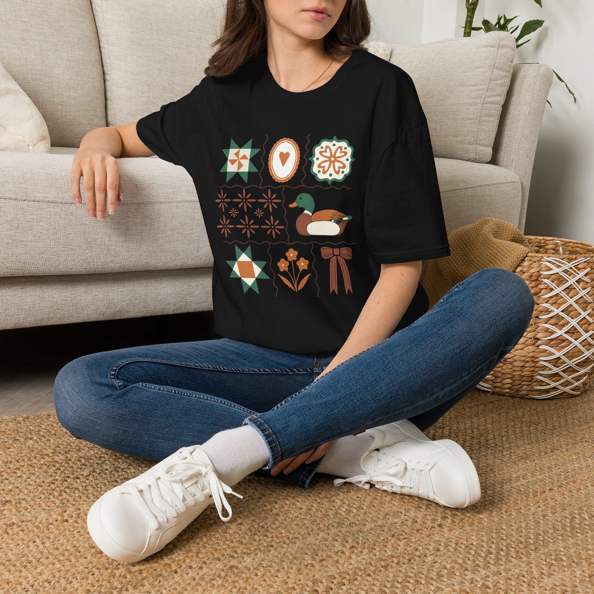 Duck & Quilted Motif T‑Shirt — Retro Folk Art Mallard Design
