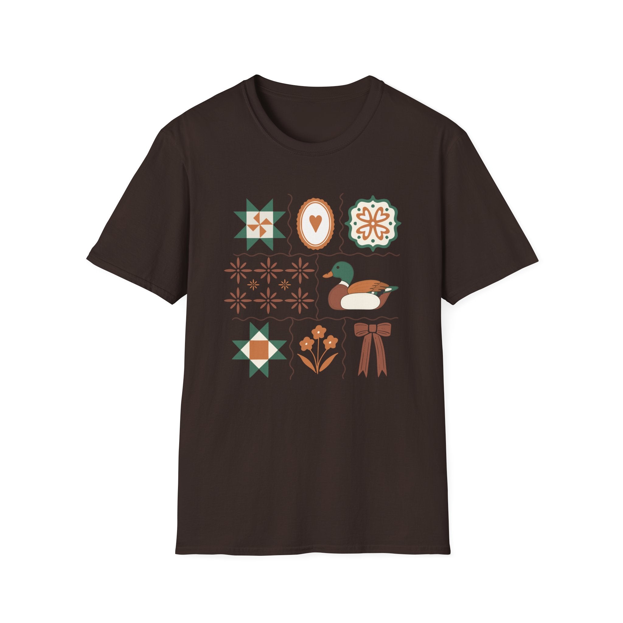 Duck & Quilted Motif T‑Shirt — Retro Folk Art Mallard Design